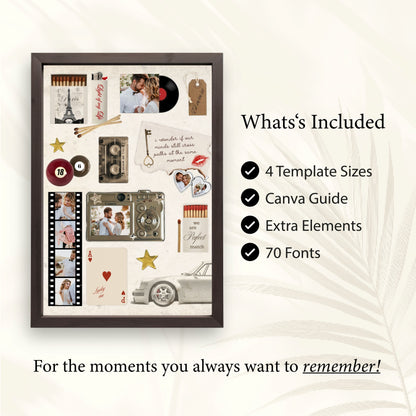 Infografik zum Matchbook Poster mit Inhalten: 4 Formate, Canva-Guide, extra Elemente und 70 Schriftarten für Wanddeko.
