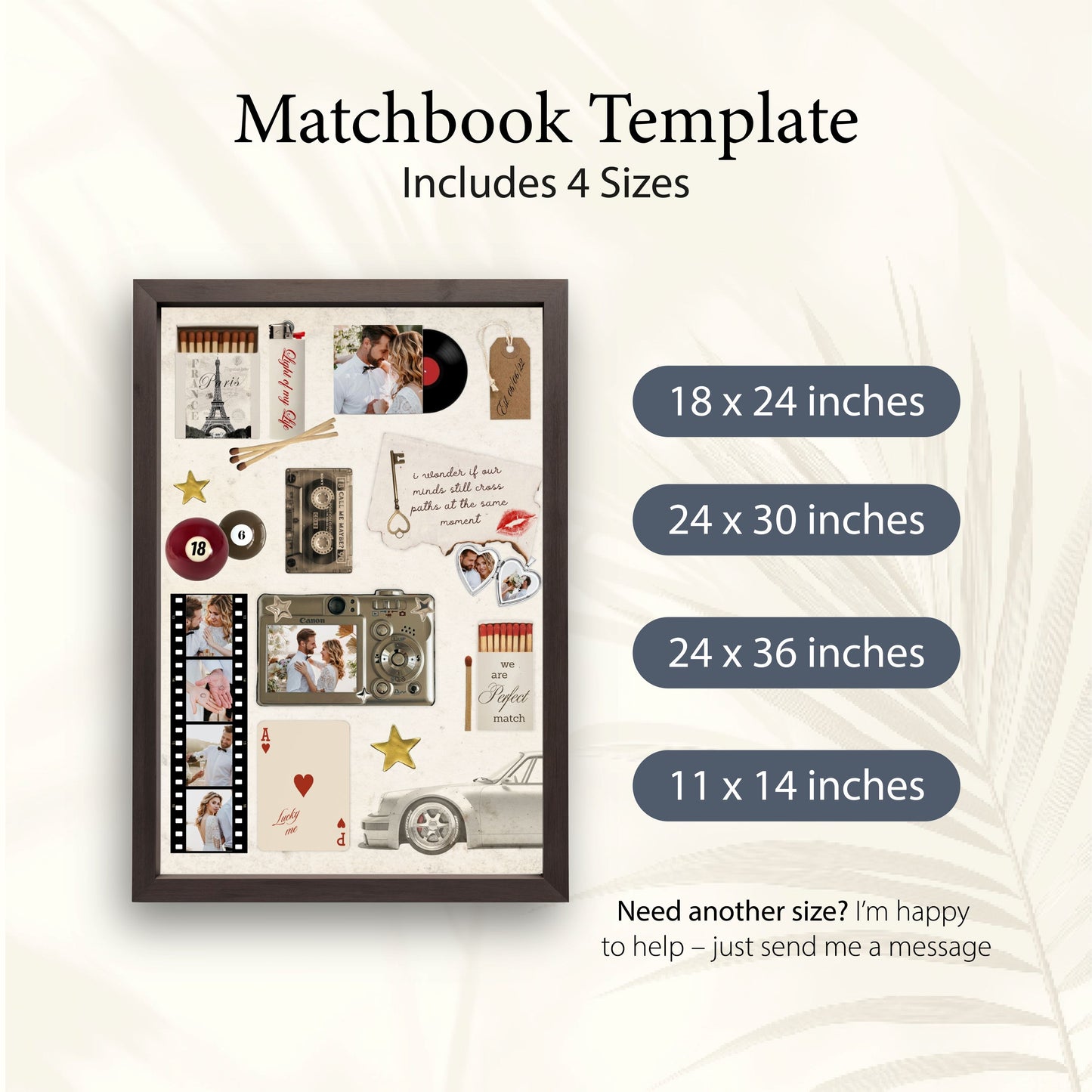 Übersicht der verfügbaren Größen für das Matchbook Poster Template von 11x14 bis 24x36 Inches als digitale Wanddeko.