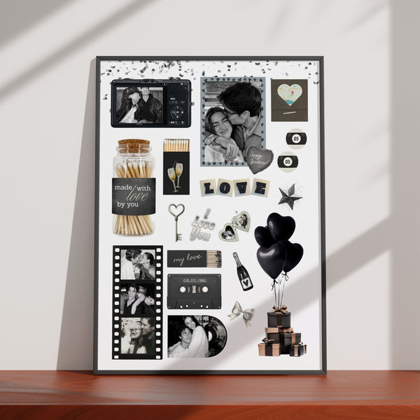 Personalisiertes Matchbook-Poster als Wanddeko mit Fotocollage, Streichholzschachteln und individuellen Meilensteinen.