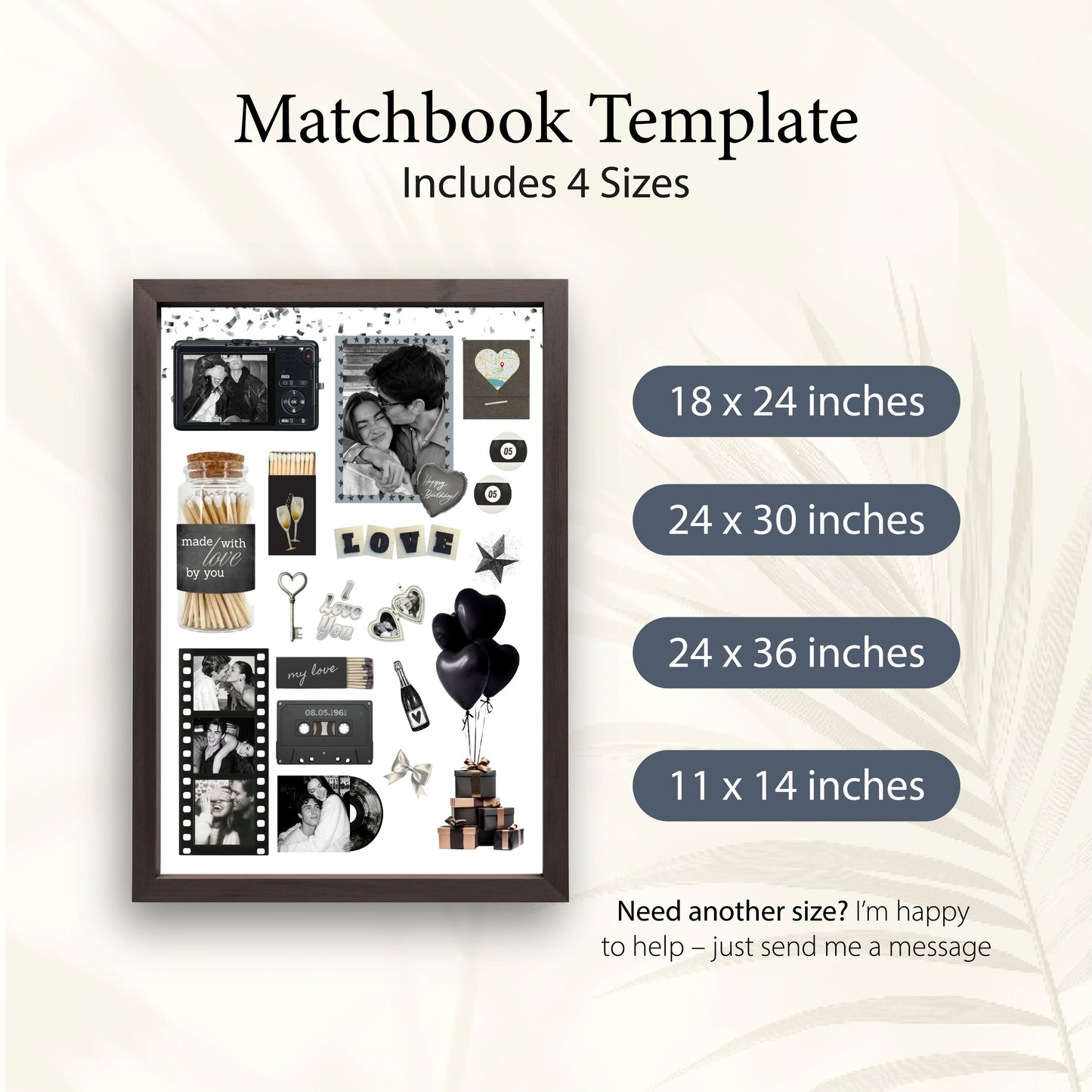 Übersicht der verfügbaren Größen für das personalisierte Matchbook-Poster, inklusive 18x24, 24x30, 24x36 und 11x14 Zoll.