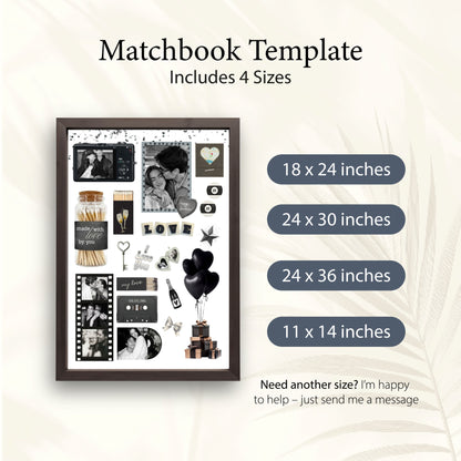 Übersicht der verfügbaren Größen für das personalisierte Matchbook-Poster, inklusive 18x24, 24x30, 24x36 und 11x14 Zoll.