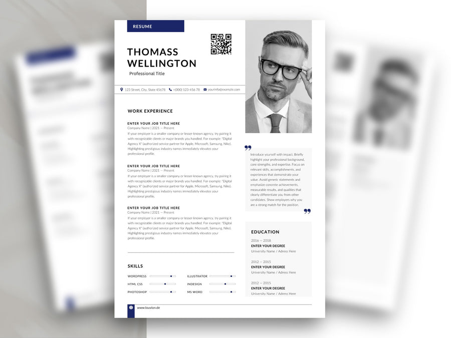 Moderne Lebenslauf Vorlage Word & Canva in Dunkelblau mit großem Bewerbungsfoto, QR-Code und ATS-freundlichem Design - Louvion.de