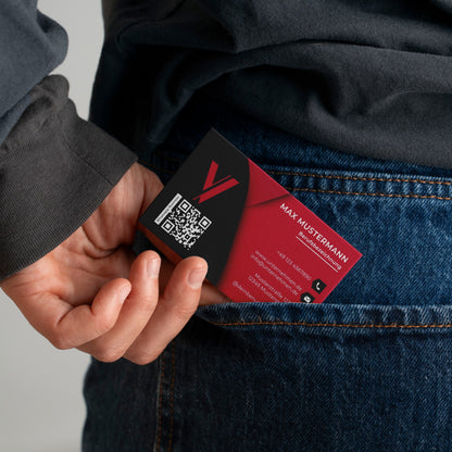 Moderne Visitenkarten Vorlage in Schwarz und Rot mit QR-Code im handlichen Kartenformat für Unternehmen – Louvion.de