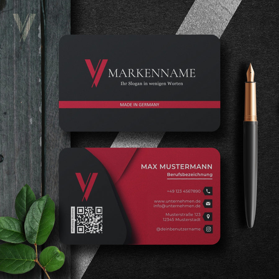 Moderne Visitenkarten Vorlage in Schwarz und Rot mit Vorder- und Rückseite, QR-Code und bearbeitbarem Canva-Layout – Louvion.de
