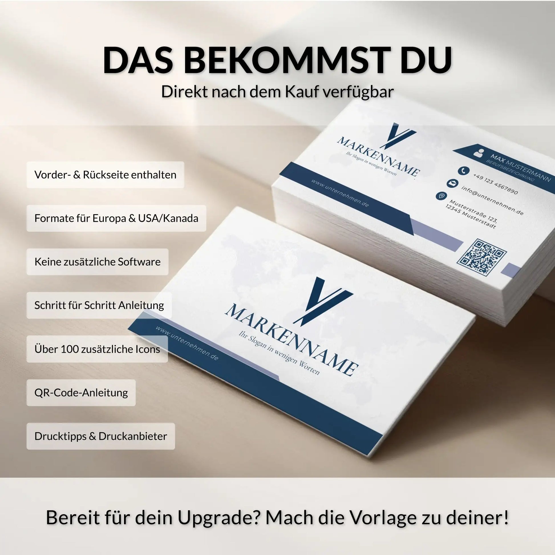 Moderne Visitenkarten Vorlage mit Logo, QR-Code und klarer Gestaltung für professionelle Unternehmen in Europa und USA/Kanada, Louvion.de