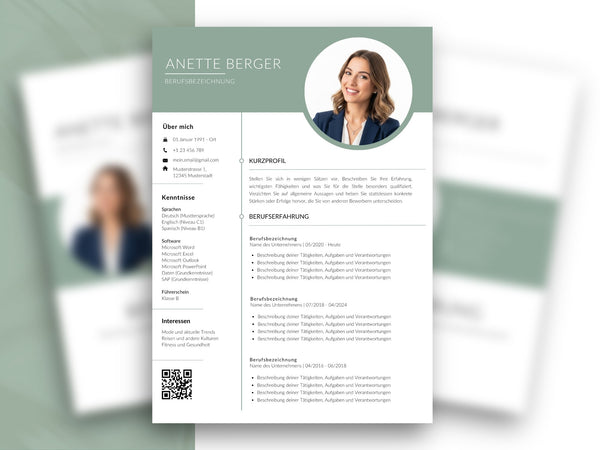 Moderne salbeigrüne Lebenslauf Vorlage mit Kurzprofil für Word und Canva als einseitiges Bewerbungsdesign mit Bewerbungsfoto. - Louvion.de