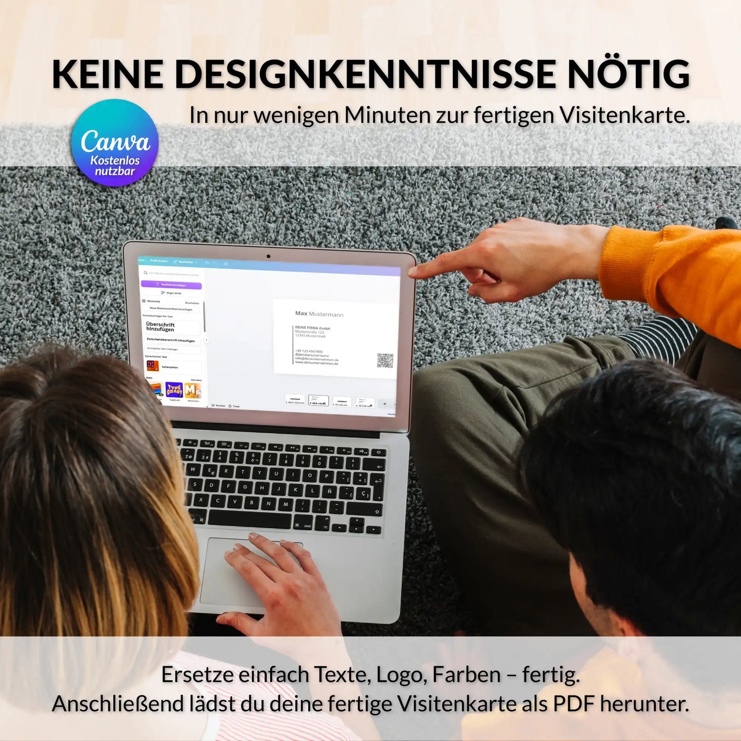 Personalisierbare Visitenkarten Vorlage für Canva mit QR-Code, Logo, Farben, Texten und Icons, in wenigen Minuten individuell anpassbar – Louvion.de