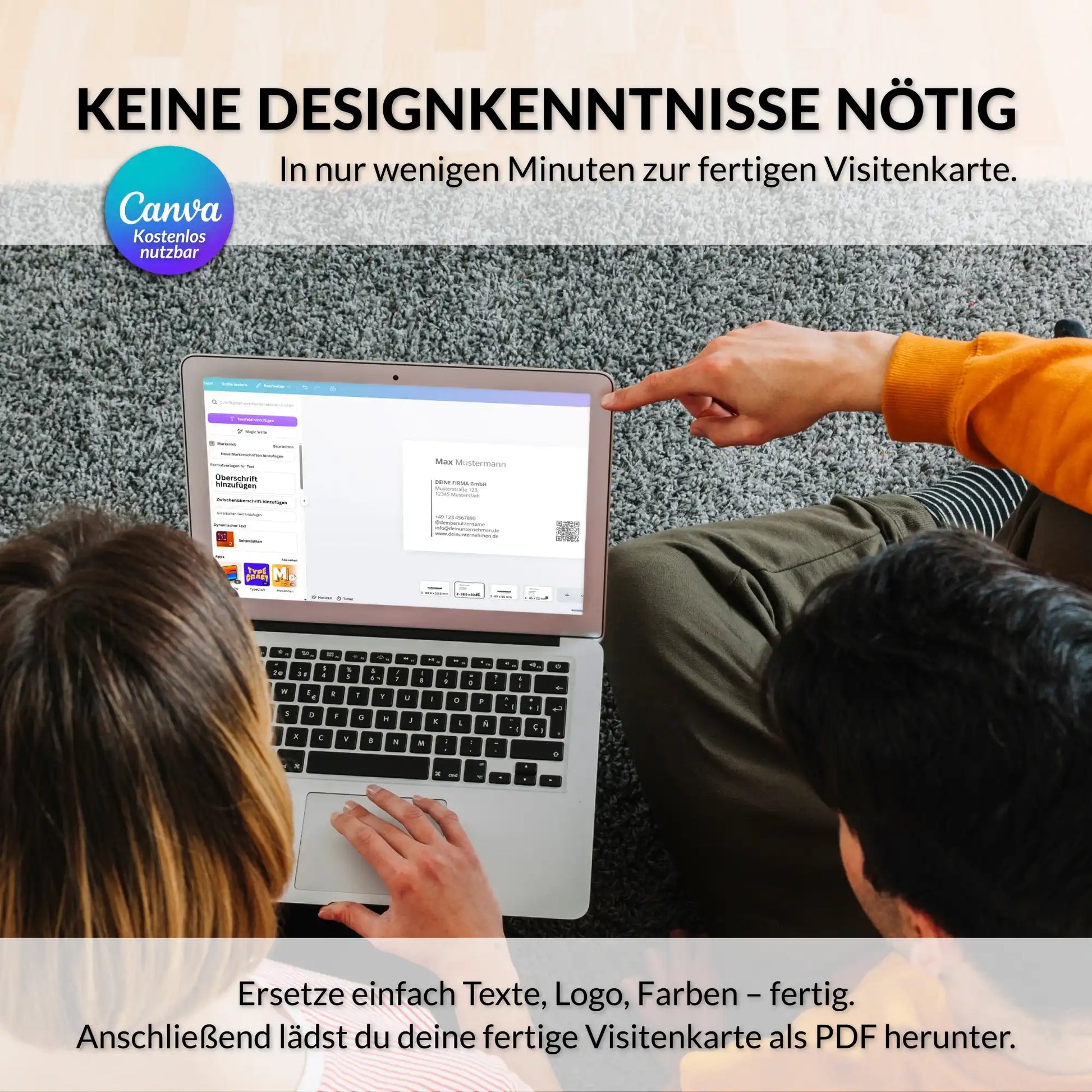 Personalisierbare Visitenkarten Vorlage für Canva mit QR-Code, Logo, Farben, Texten und Icons, in wenigen Minuten individuell anpassbar – Louvion.de