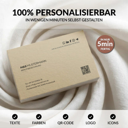 Personalisierbare Visitenkarten Vorlage in Beige mit QR-Code, Logo und editierbaren Inhalten in Canva – individuell anpassbar in wenigen Minuten für Europa und USA/Kanada – Louvion.de