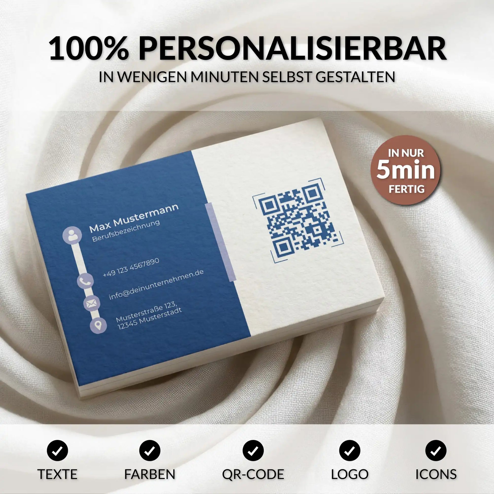Personalisierbare Visitenkarten Vorlage in Blau für Canva mit bearbeitbaren Texten, Farben, Logo, QR-Code und Icons, Louvion.de