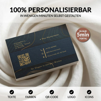 Personalisierbare Visitenkarten Vorlage in Dunkelblau und Gold mit QR-Code, Logo und individuell anpassbaren Farben und Texten in Canva – Louvion.de