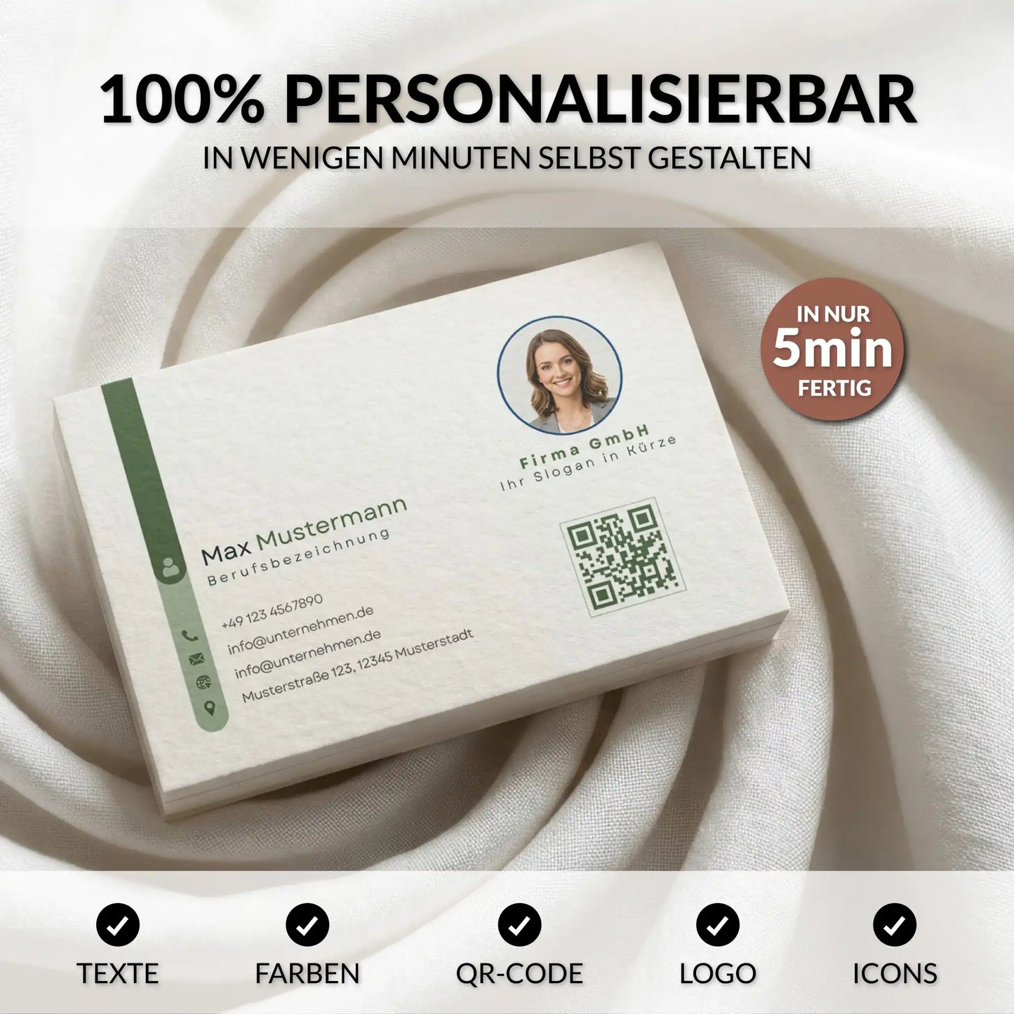 Personalisierbare Visitenkarten Vorlage in Grün für Canva mit QR-Code, Logo, Profilbild und individuell anpassbaren Inhalten – Louvion.de
