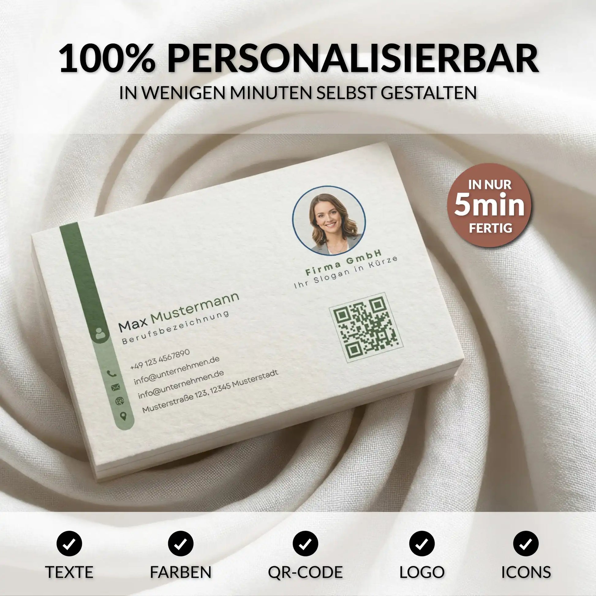 Personalisierbare Visitenkarten Vorlage in Grün für Canva mit QR-Code, Logo, Profilbild und individuell anpassbaren Inhalten – Louvion.de
