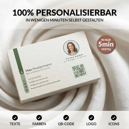 Personalisierbare Visitenkarten Vorlage in Grün für Canva mit QR-Code, Logo, Profilbild und individuell anpassbaren Inhalten – Louvion.de