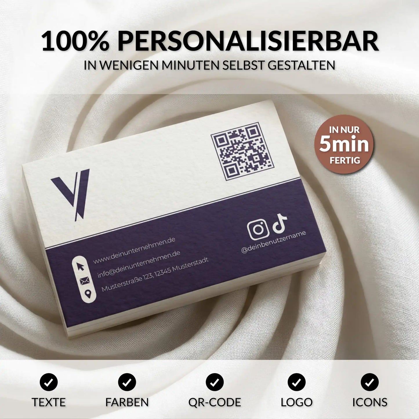 Personalisierbare Visitenkarten Vorlage in Lila für Canva mit QR-Code, Logo, Farben, Texten und Icons individuell anpassbar, Louvion.de
