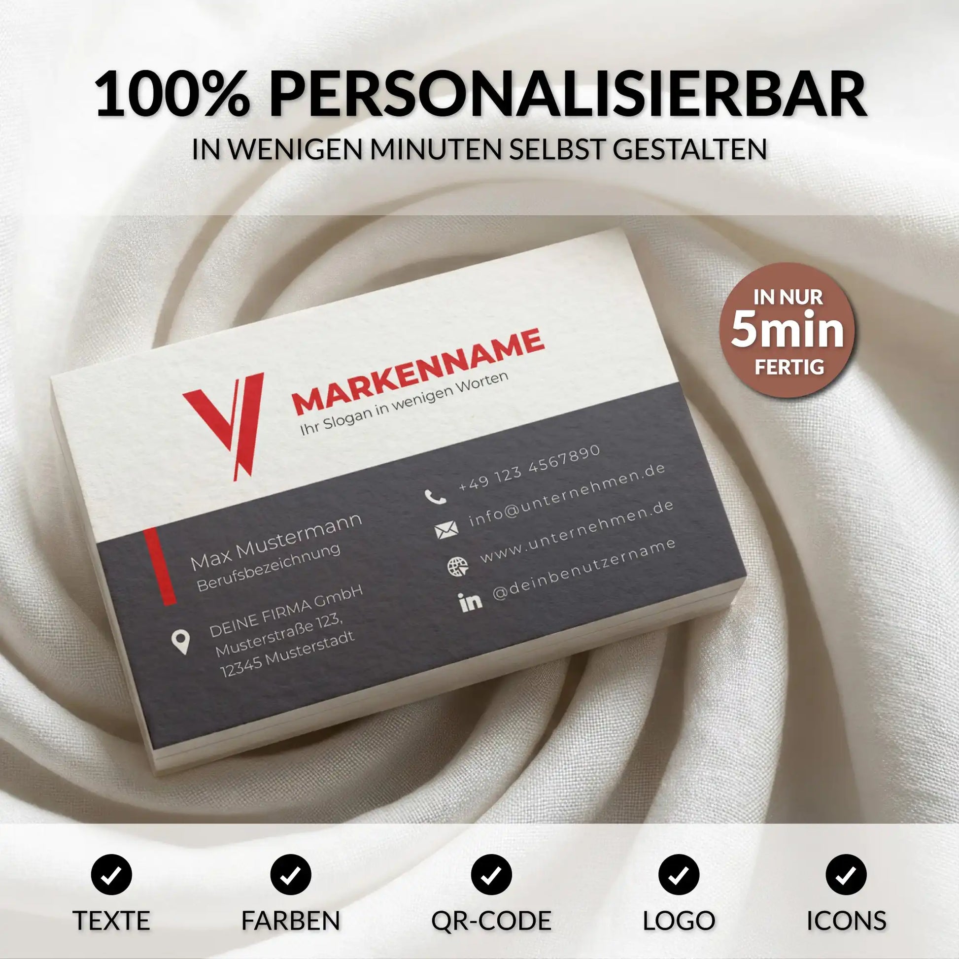 Personalisierbare Visitenkarten Vorlage in Rot für Canva mit anpassbaren Texten, Farben, Logo und QR-Code sowie Vorder- und Rückseite, Louvion.de
