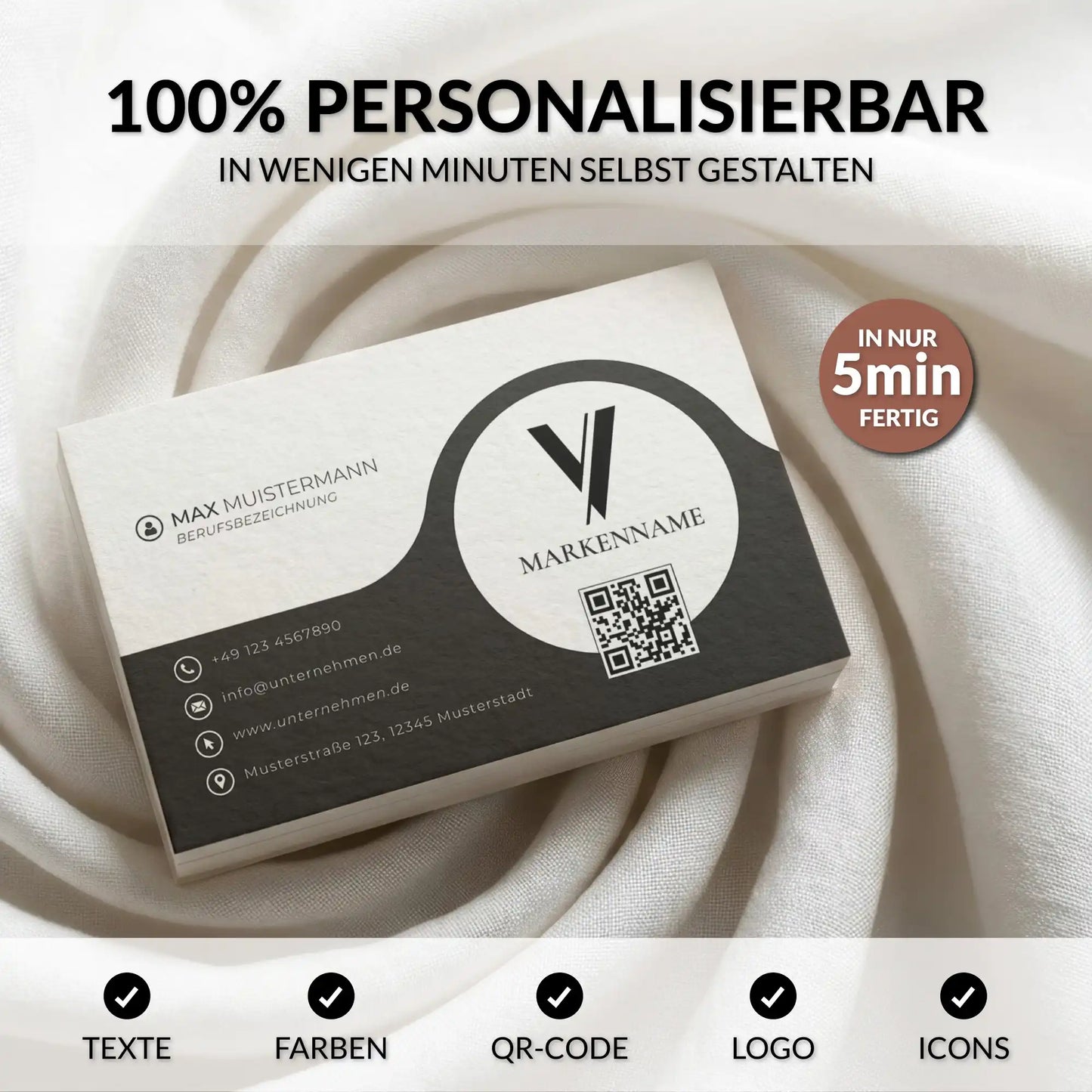 Personalisierbare Visitenkarten Vorlage in Schwarz-Weiß mit QR-Code, Logo, Farben und Icons für Canva – Louvion.de