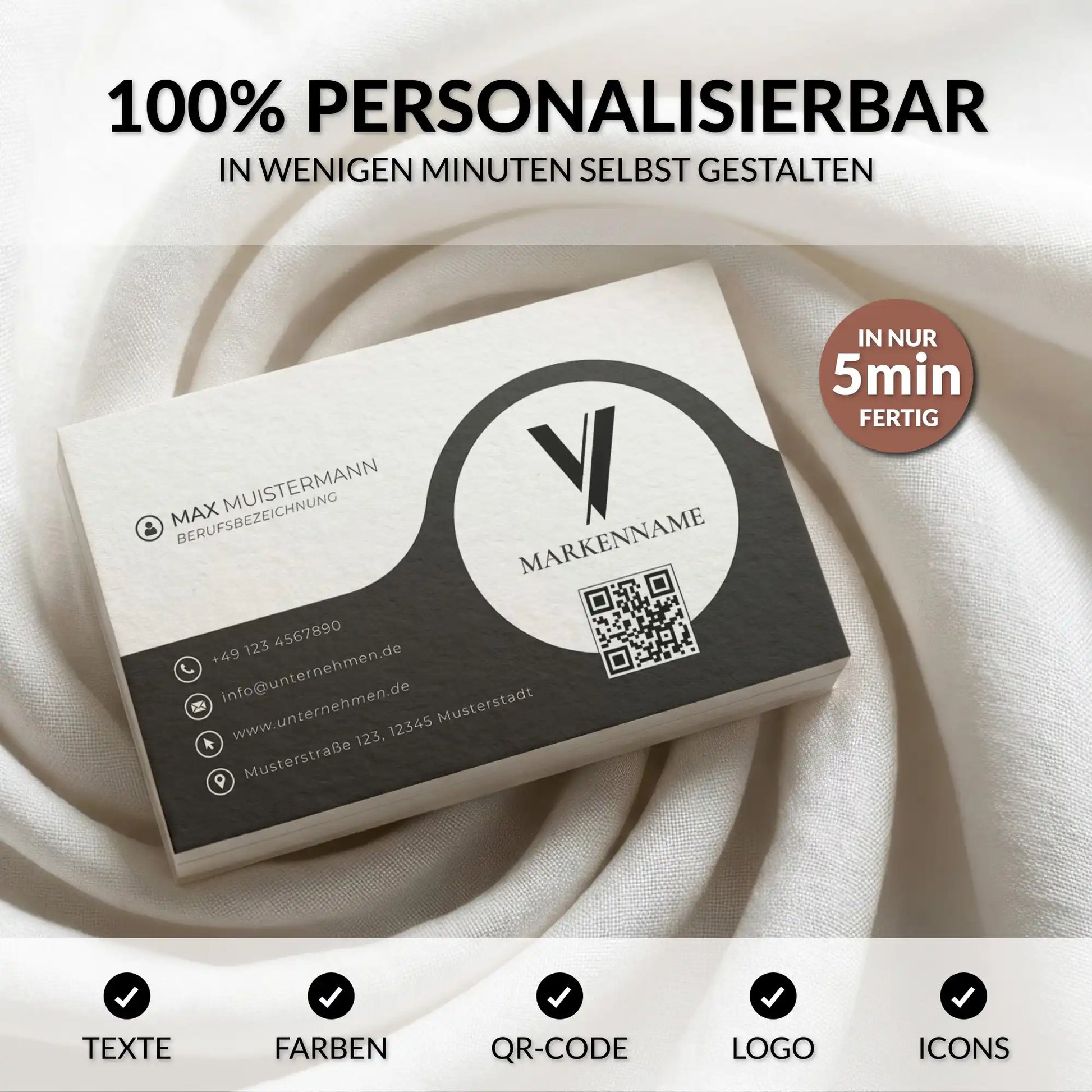 Personalisierbare Visitenkarten Vorlage in Schwarz-Weiß mit QR-Code, Logo, Farben und Icons für Canva – Louvion.de