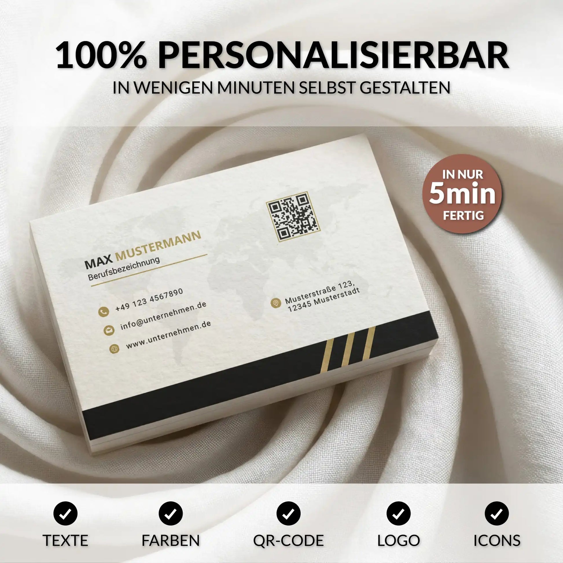Personalisierbare Visitenkarten Vorlage in Schwarz Gold mit QR-Code, Logo, anpassbaren Farben und Canva Bearbeitung – Louvion.de