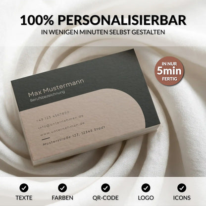 Personalisierbare Visitenkarten Vorlage in Schwarz und Beige mit QR-Code, Logo, Farben und Texten für Canva, digitale Vorlage für Europa und USA/Kanada – Louvion.de