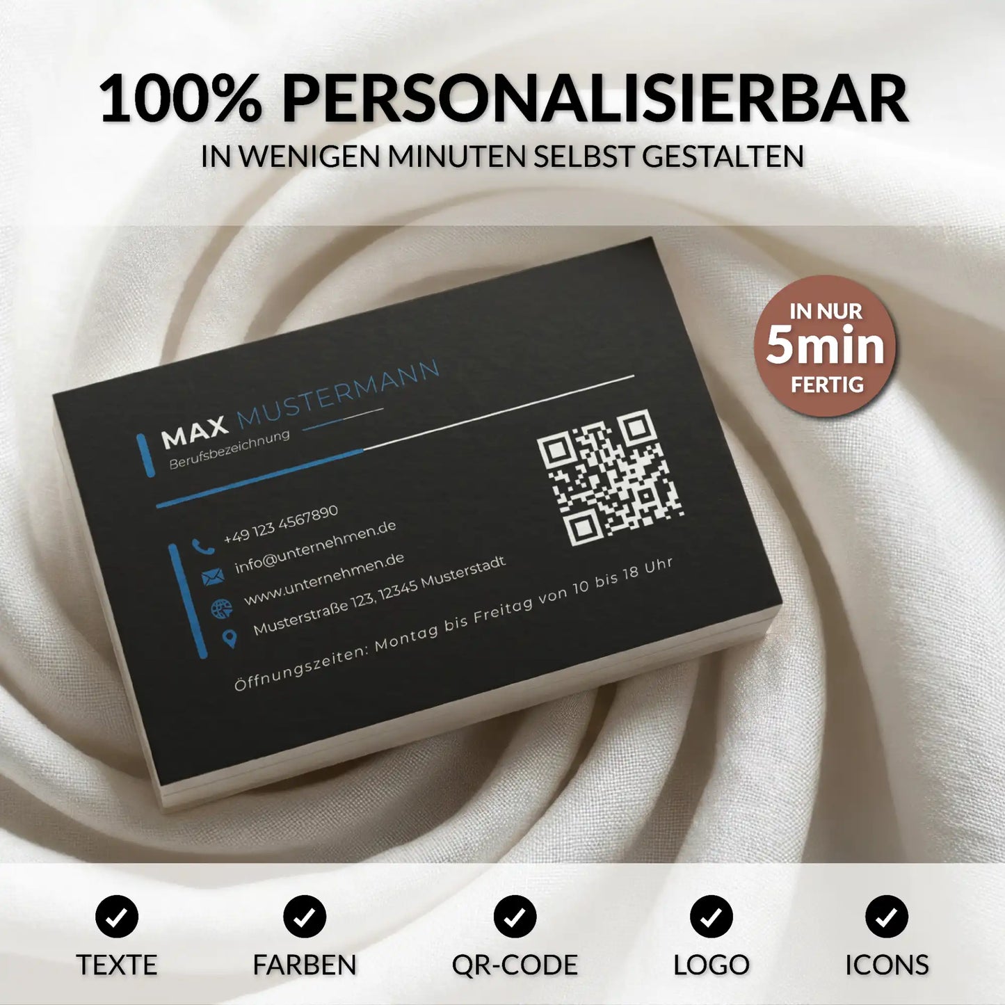Personalisierbare Visitenkarten Vorlage in Schwarz und Blau für Canva mit QR-Code, Logo und individuell anpassbaren Farben | Louvion.de