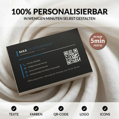 Personalisierbare Visitenkarten Vorlage in Schwarz und Blau für Canva mit QR-Code, Logo und individuell anpassbaren Farben | Louvion.de