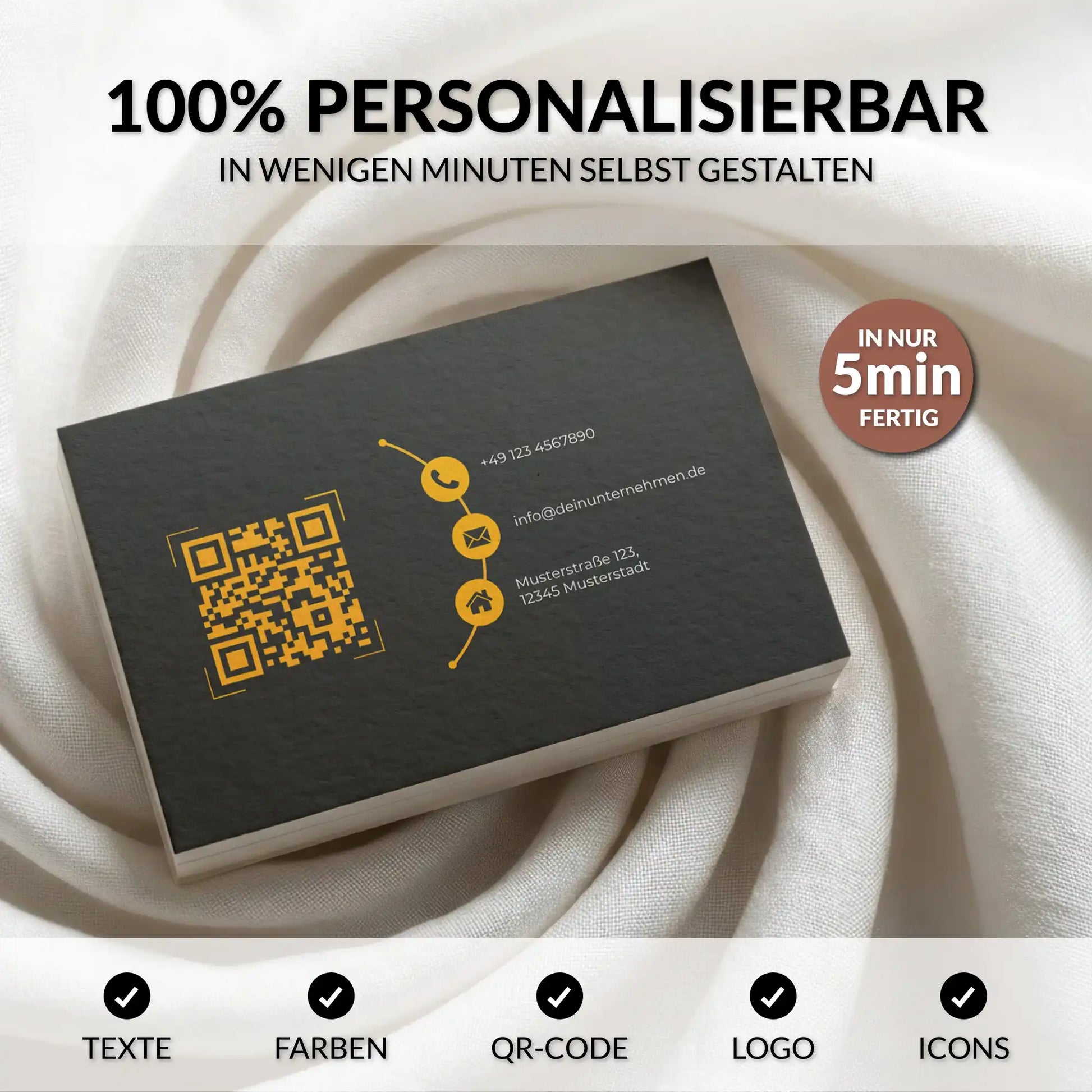 Personalisierbare Visitenkarten Vorlage in Schwarz und Gelb mit QR-Code, Logo und bearbeitbaren Elementen für Canva – Louvion.de