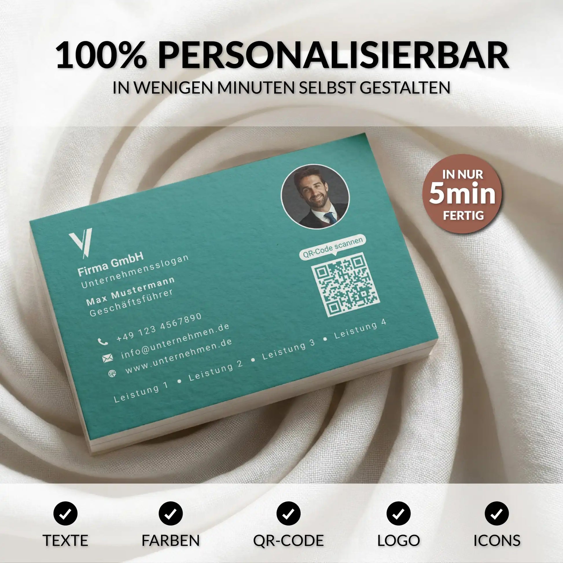 Personalisierbare Visitenkarten Vorlage in Türkis mit QR-Code, Logo, Profilbild und modernem Layout – Louvion.de