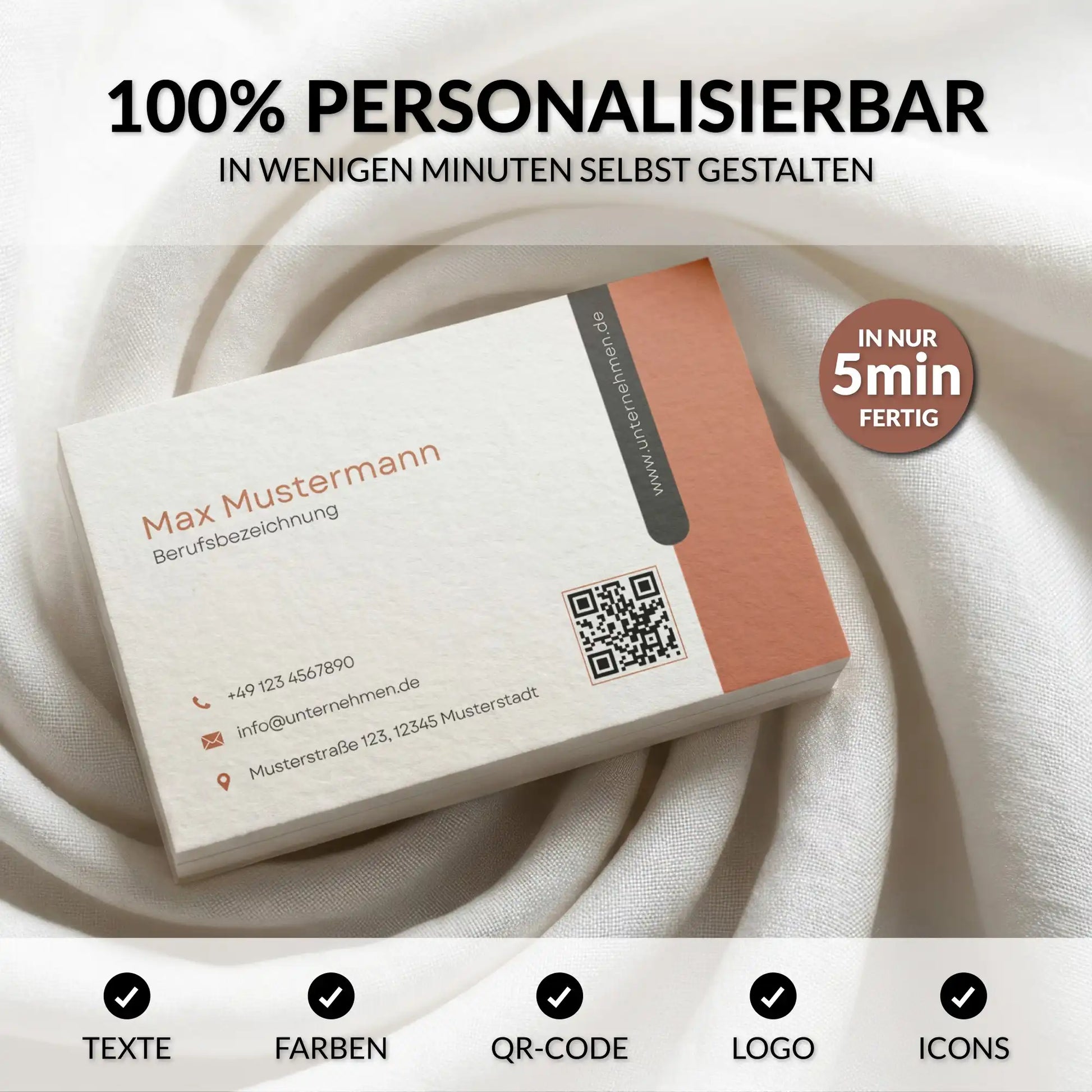Personalisierbare Visitenkarten Vorlage in Terrakotta mit QR-Code, Logo und modernem Design, individuell anpassbar in Canva für Europa und USA/Kanada – Louvion.de