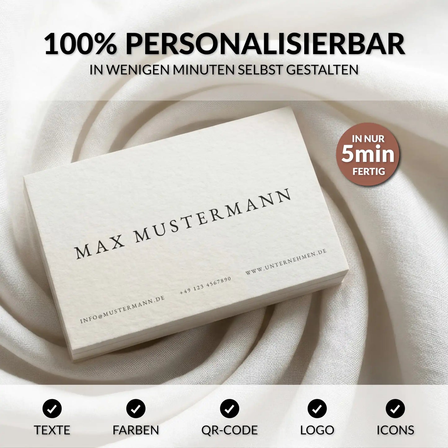 Personalisierbare Visitenkarten Vorlage in Weiß für Canva mit anpassbaren Texten, Farben, Logo und QR-Code, Louvion.de