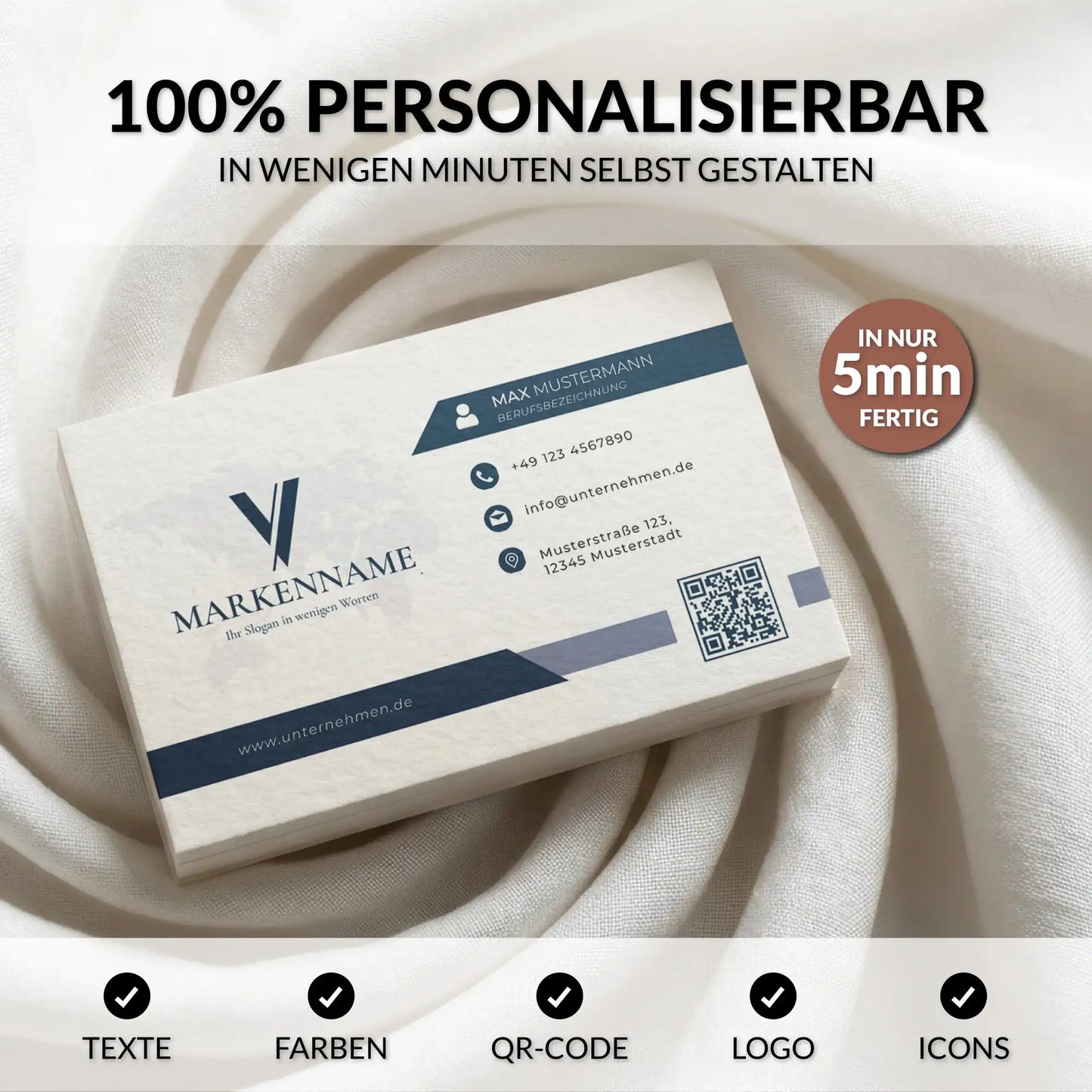 Personalisierbare Visitenkarten Vorlage mit QR-Code, Logo, Farben und Texten in Dunkelblau für Europa und USA/Kanada, Louvion.de