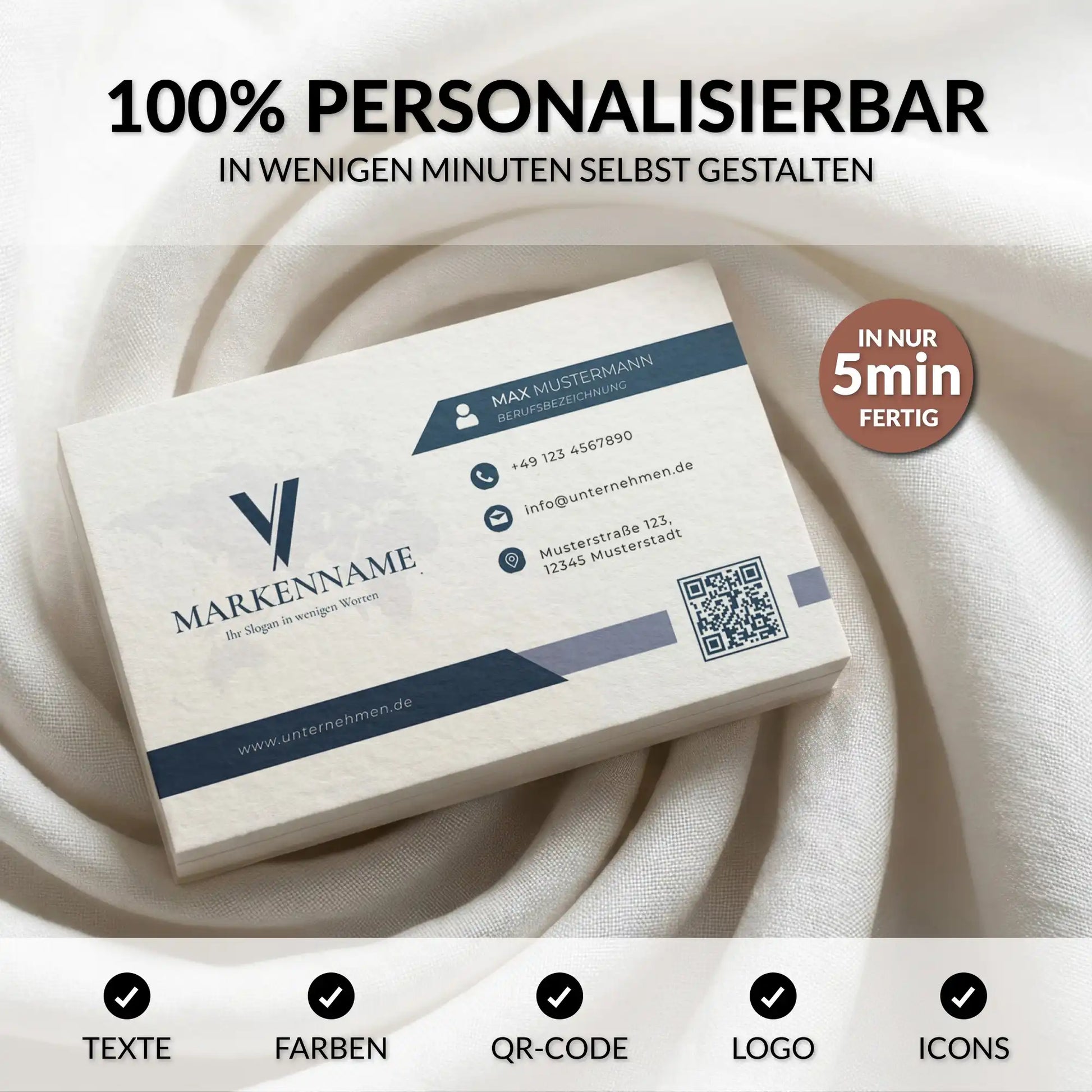 Personalisierbare Visitenkarten Vorlage mit QR-Code, Logo, Farben und Texten in Dunkelblau für Europa und USA/Kanada, Louvion.de
