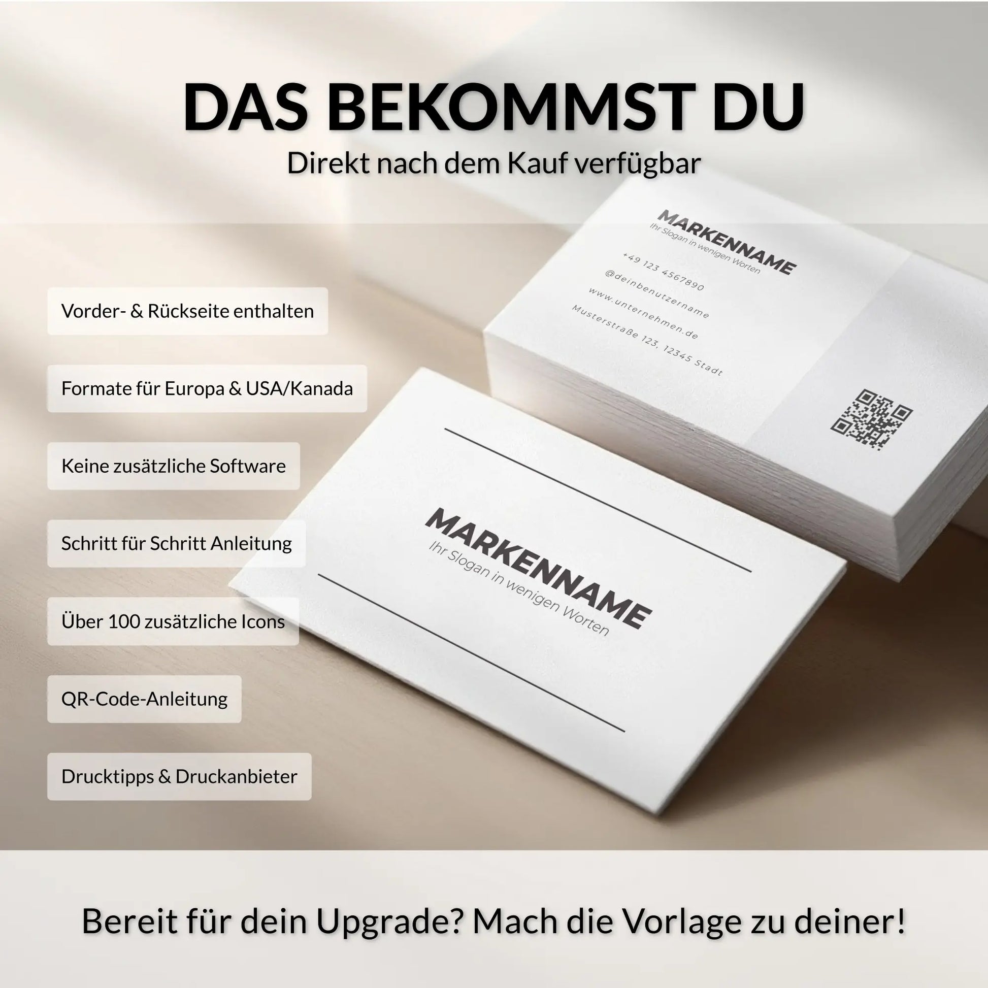 Personalisierbare Visitenkarten Vorlage mit Vorder- und Rückseite, QR-Code, Logo und über 100 Icons für Canva – Louvion.de
