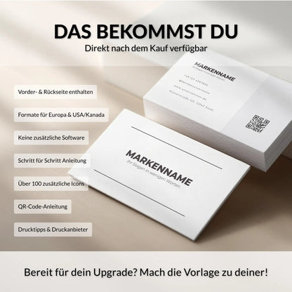 Personalisierbare Visitenkarten Vorlage mit Vorder- und Rückseite, QR-Code, Logo und über 100 Icons für Canva – Louvion.de
