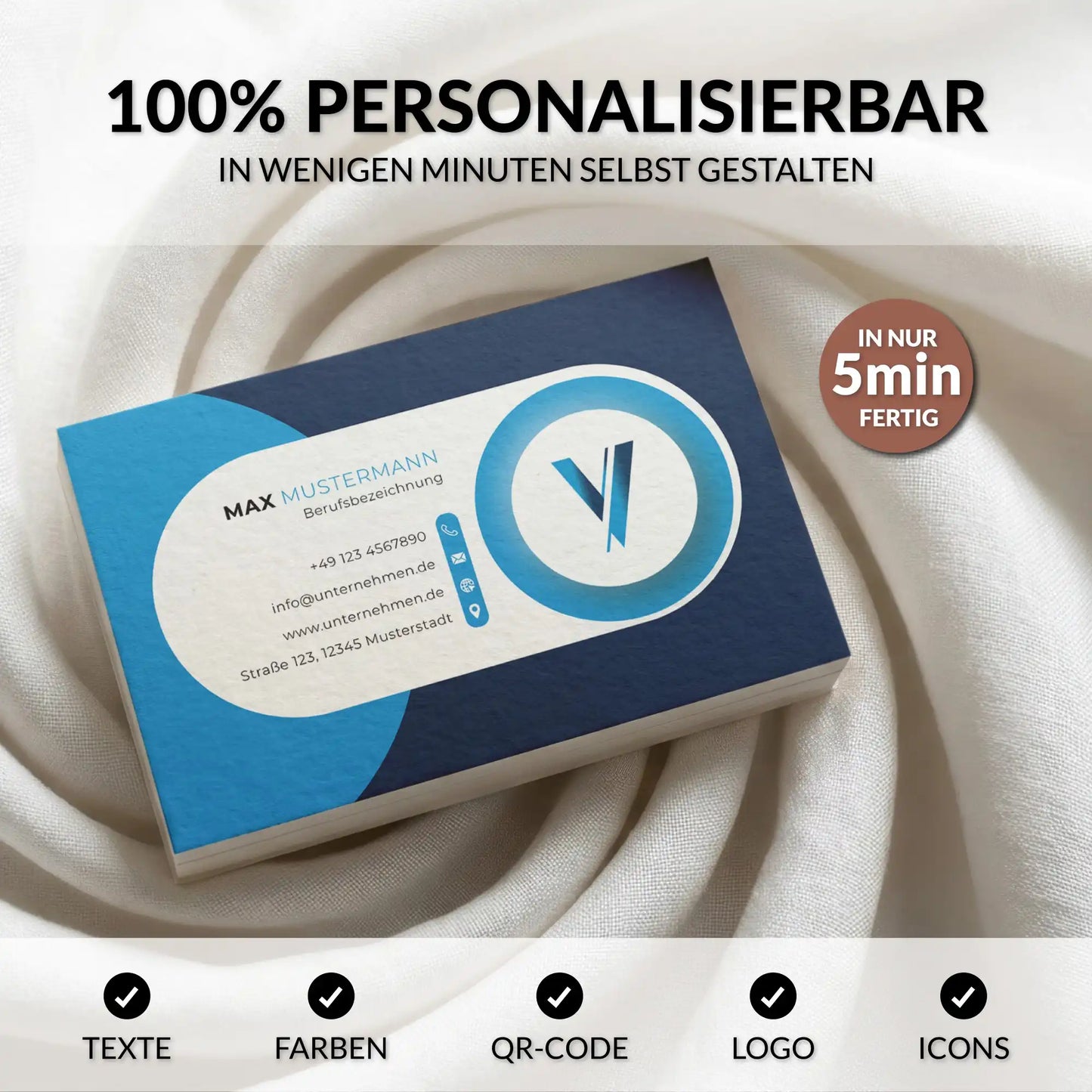Personalisierbare blaue Visitenkarten Vorlage für Canva mit anpassbaren Texten, Farben, QR-Code, Logo und Icons als Designvorschau – Louvion.de