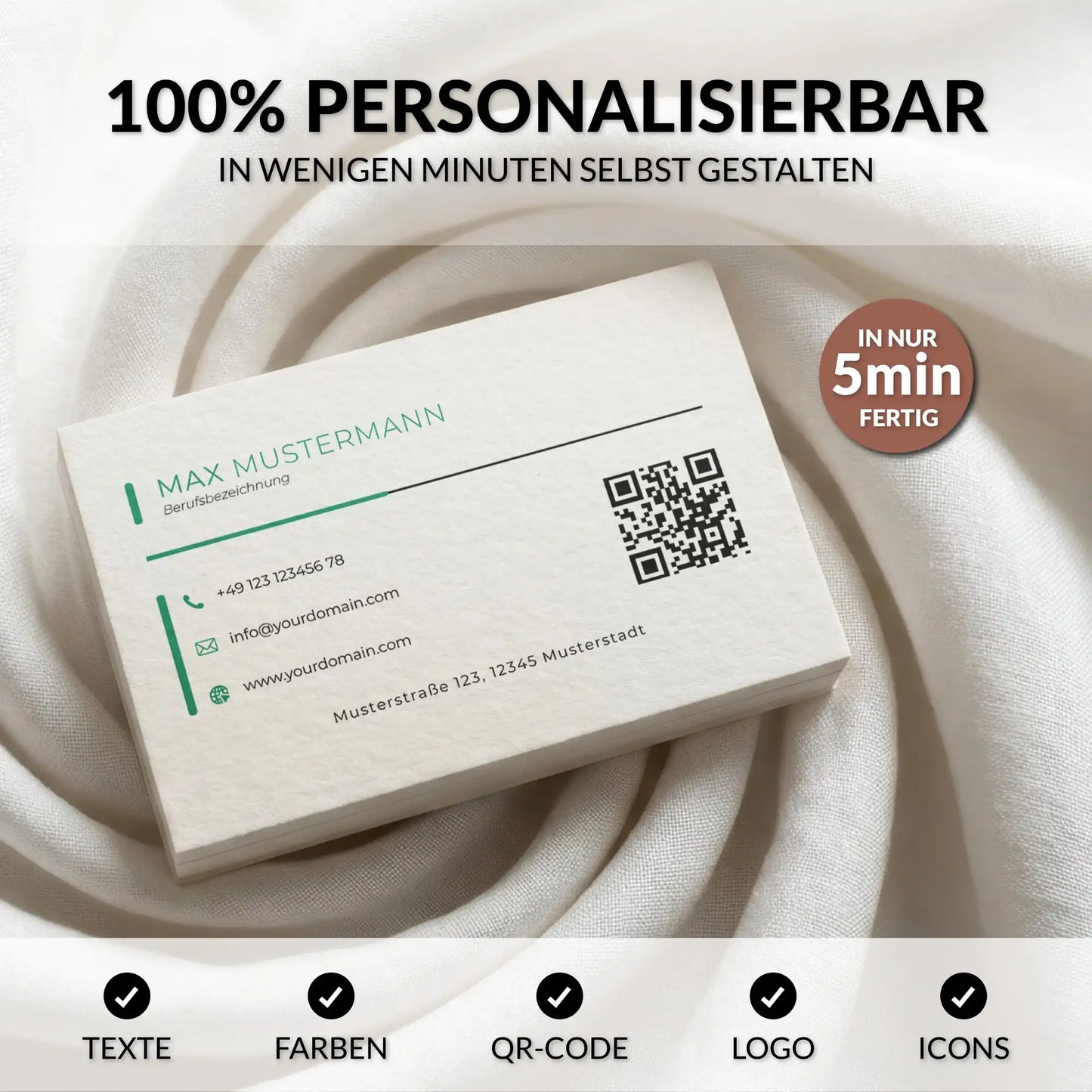Personalisierbare grüne Visitenkarten Vorlage für Canva mit QR-Code, Logo und individuell anpassbaren Farben, Texten und Icons – in wenigen Minuten gestaltet – Louvion.de