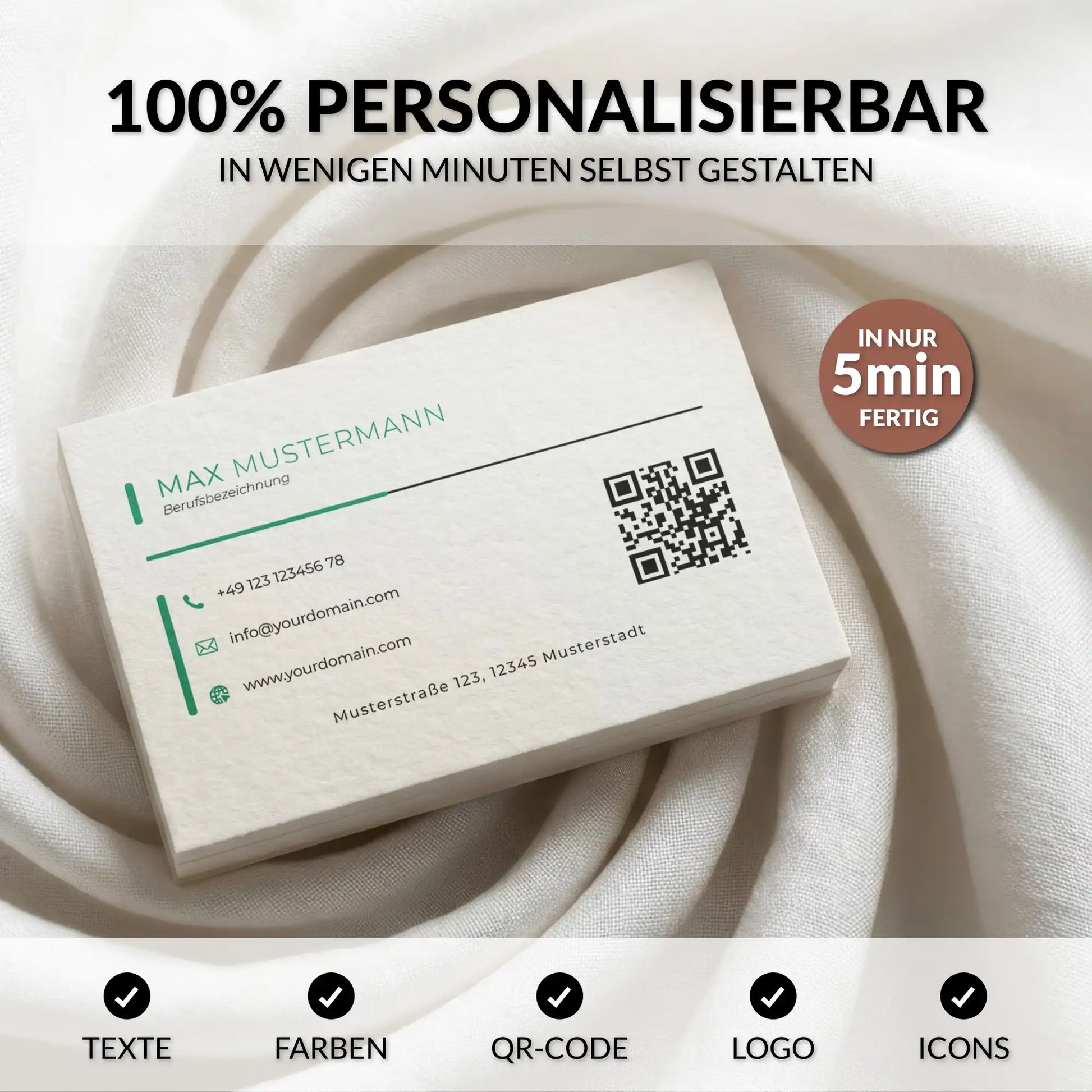 Personalisierbare grüne Visitenkarten Vorlage für Canva mit QR-Code, Logo und individuell anpassbaren Farben, Texten und Icons – in wenigen Minuten gestaltet – Louvion.de
