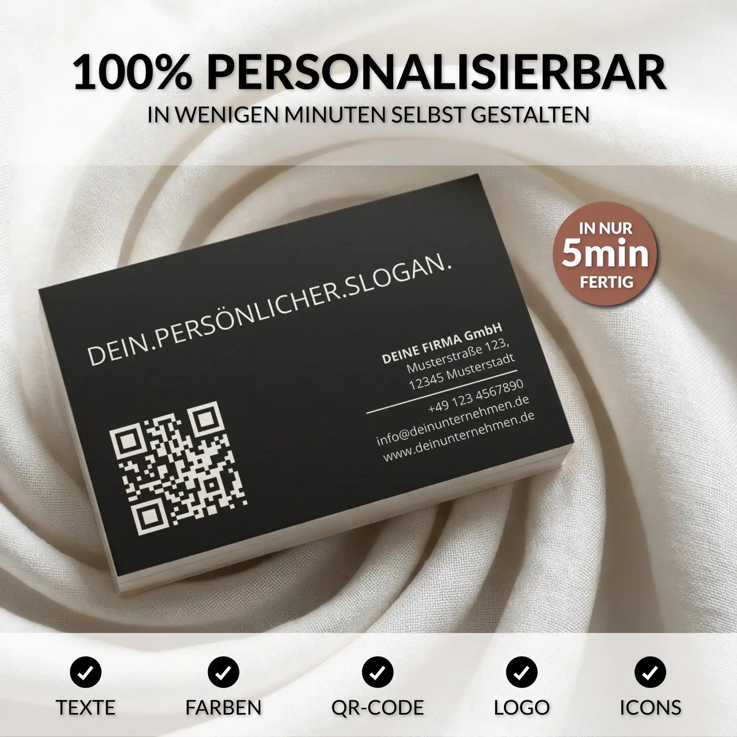 Personalisierbare schwarze Visitenkarten Vorlage mit QR-Code, Logo, Texten und Farben, bearbeitbar in Canva in wenigen Minuten – Louvion.de