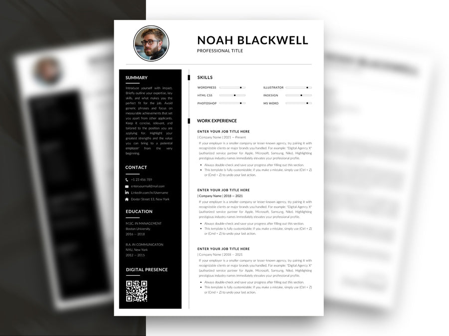 Professionelle Lebenslauf Vorlage Word & Canva in Schwarz-Weiß mit einseitigem Lebenslauf, QR-Code und ATS-freudlichem Design - Louvion.de