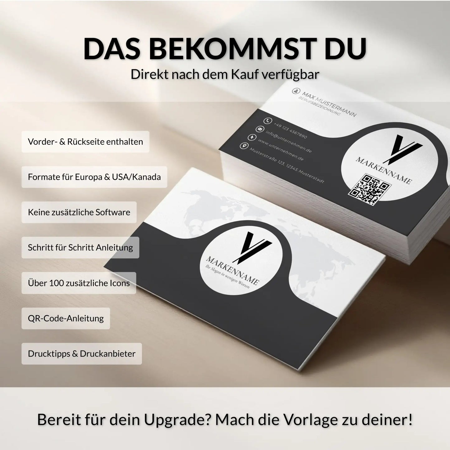 Professionelle Visitenkarten Vorlage in Schwarz-Weiß mit QR-Code und Logo passend für jede Hosentasche – Louvion.de