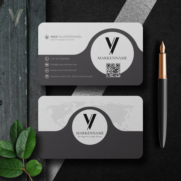 Professionelle Visitenkarten Vorlage in Schwarz-Weiß mit Vorder- und Rückseite, QR-Code, Logo und modernem Layout für Canva – Louvion.de