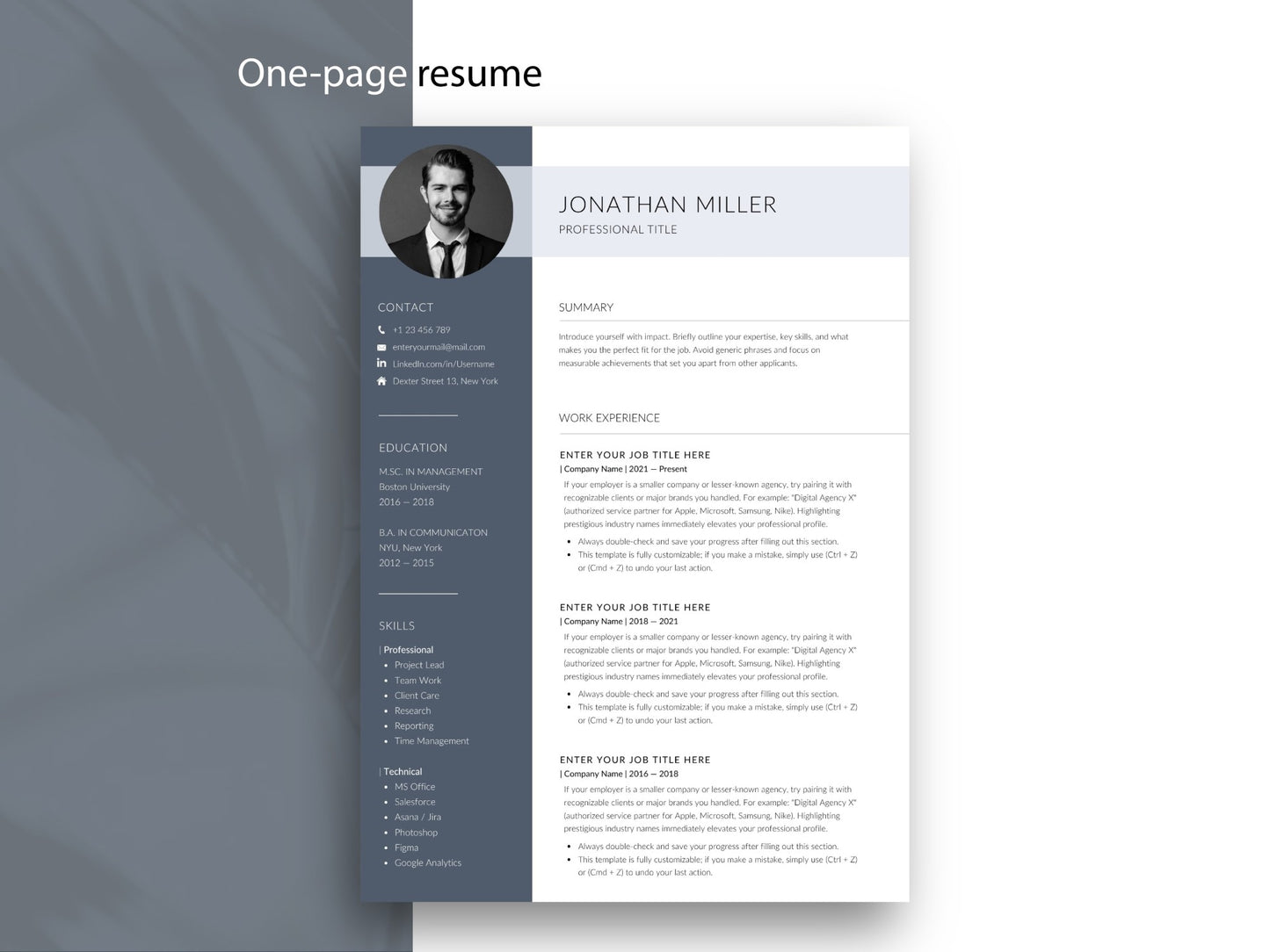 Einseitige moderne Bewerbungsvorlage als professionelles CV Template für ein komplettes 6-teiliges Bewerbungsset.