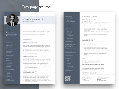 Zweiseitige moderne Bewerbungsvorlage für Word und Canva aus dem 6-teiligen Bewerbungsset für einen strukturierten Lebenslauf.