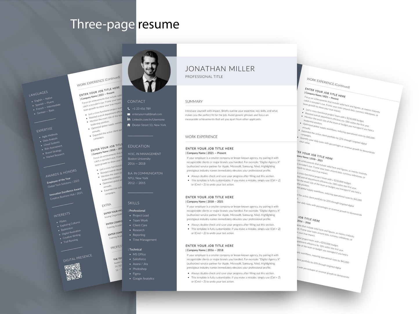 Dreiseitige Lebenslauf Vorlage als professionelles CV Template im modernen Design für ein komplettes Bewerbungsset.
