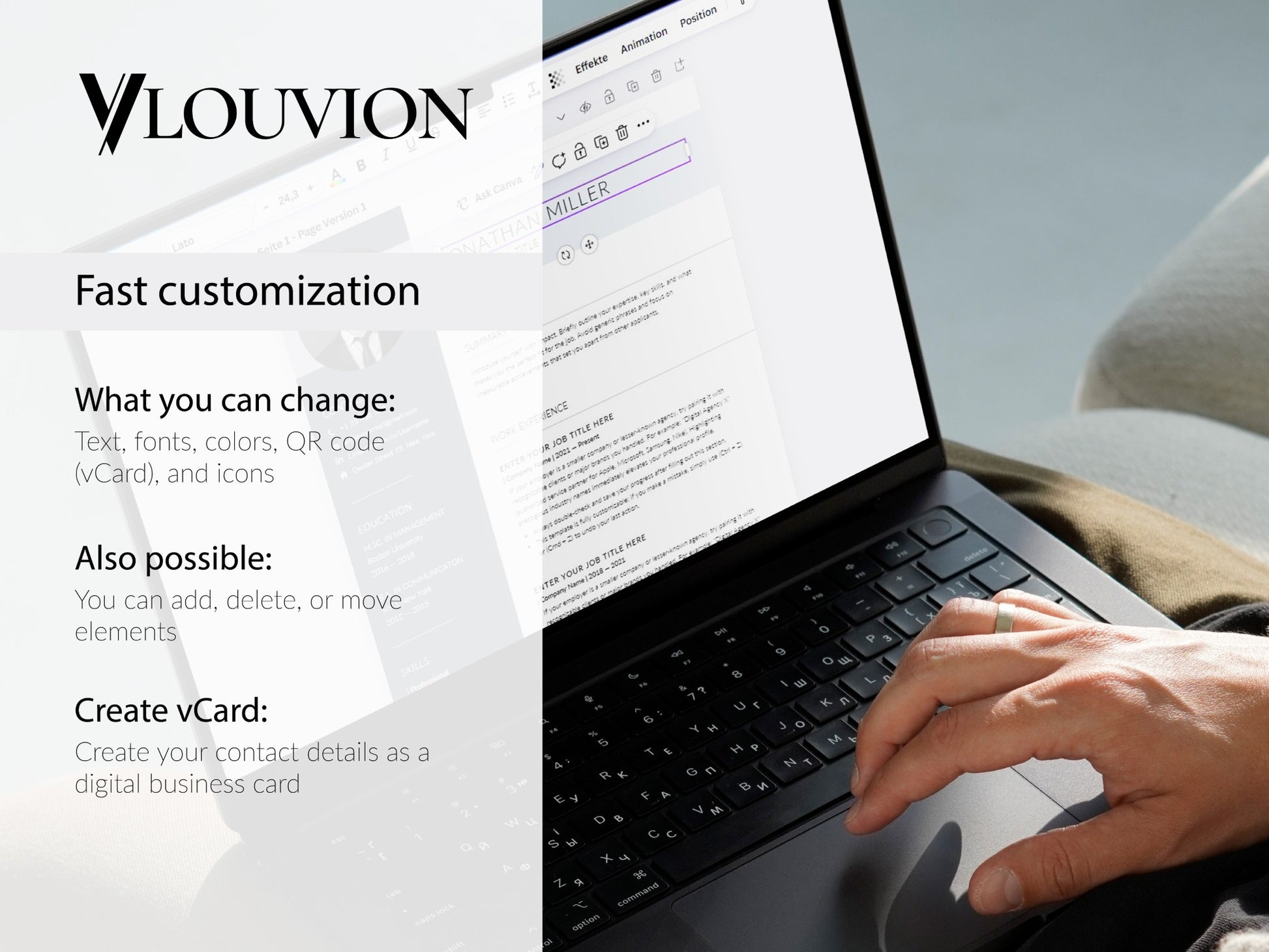 Bewerbungsvorlage Canva zur schnellen Anpassung von Texten und Icons für ein professionelles, modernes CV Template.