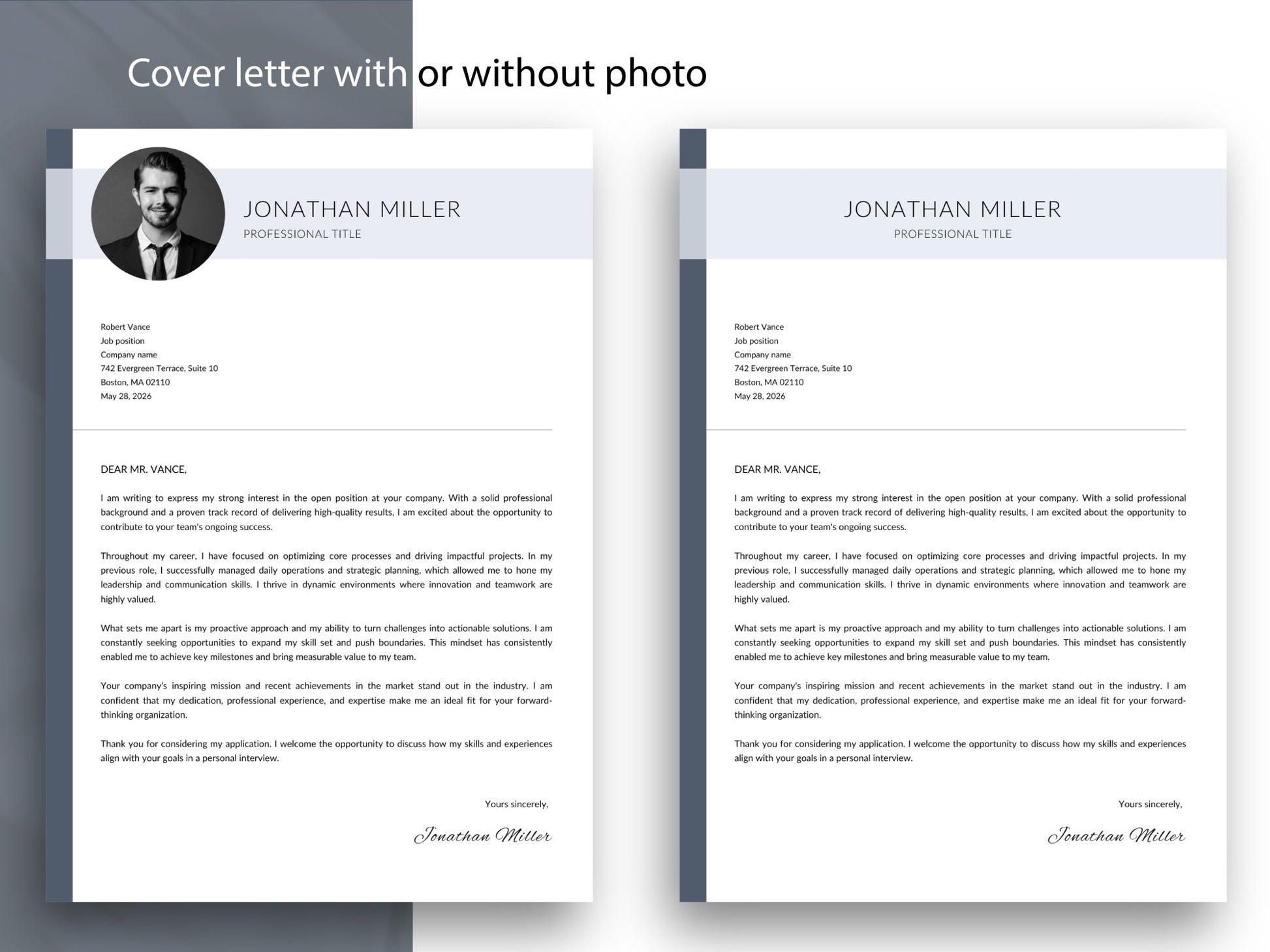 Passendes Anschreiben mit und ohne Foto als Teil der modernen Bewerbungsvorlage für ein komplettes CV Template Set.