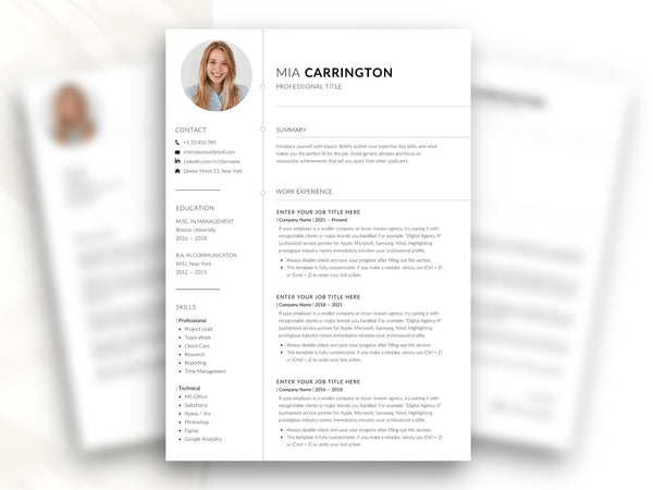 Moderner einseitiger Lebenslauf als editierbare Canva und Word Vorlage für eine professionelle Bewerbung mit Bewerbungsfoto, klarem Layout und strukturierter Anordnung von Berufserfahrung und Skills.