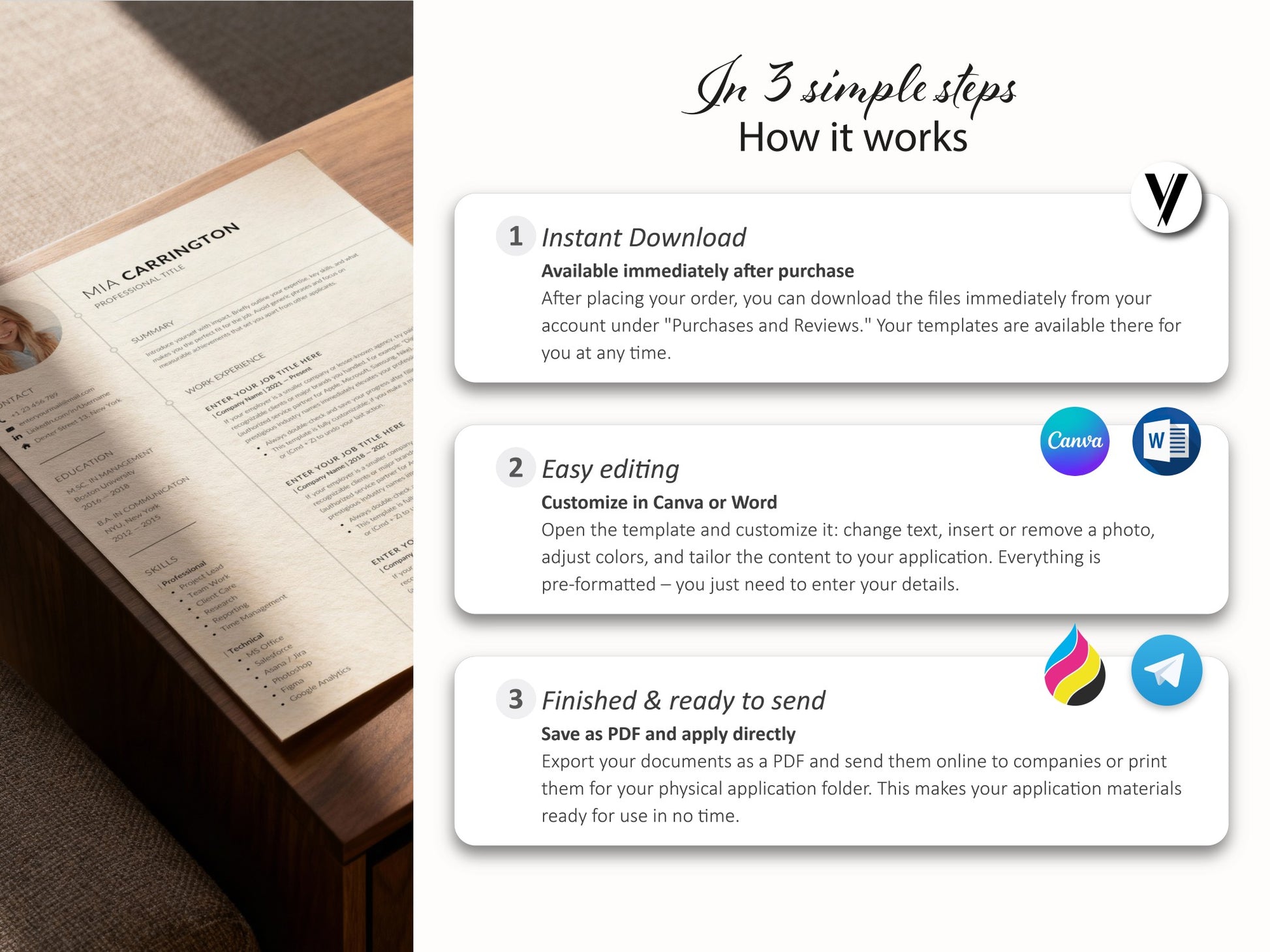Schritt-für-Schritt-Anleitung zur Nutzung der Lebenslauf-Vorlage: Vom Sofort-Download nach dem Kauf über die einfache Bearbeitung in Canva oder Microsoft Word bis hin zum fertigen PDF-Export für die Bewerbung.