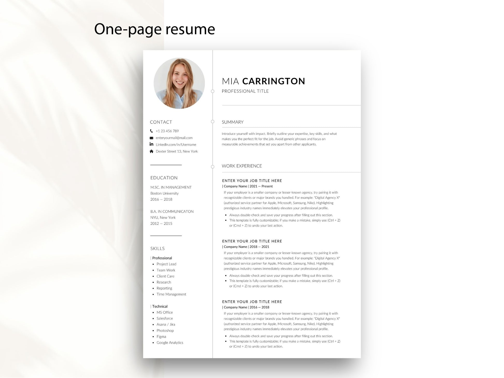 Professioneller einseitiger Lebenslauf aus dem 6-seitigen Bewerbungsset mit minimalistischem Design, Bewerbungsfoto, Kontaktdaten, Ausbildung, Skills und strukturierter Berufserfahrung.