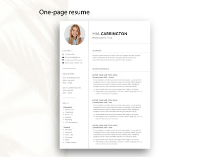Professioneller einseitiger Lebenslauf aus dem 6-seitigen Bewerbungsset mit minimalistischem Design, Bewerbungsfoto, Kontaktdaten, Ausbildung, Skills und strukturierter Berufserfahrung.
